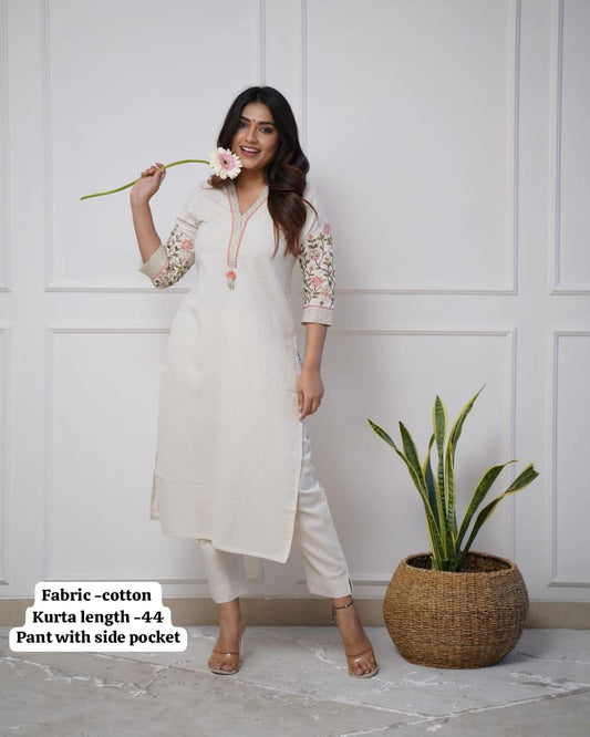 White Pure Cotton V-Neck Embroidered Straight Kurta Set