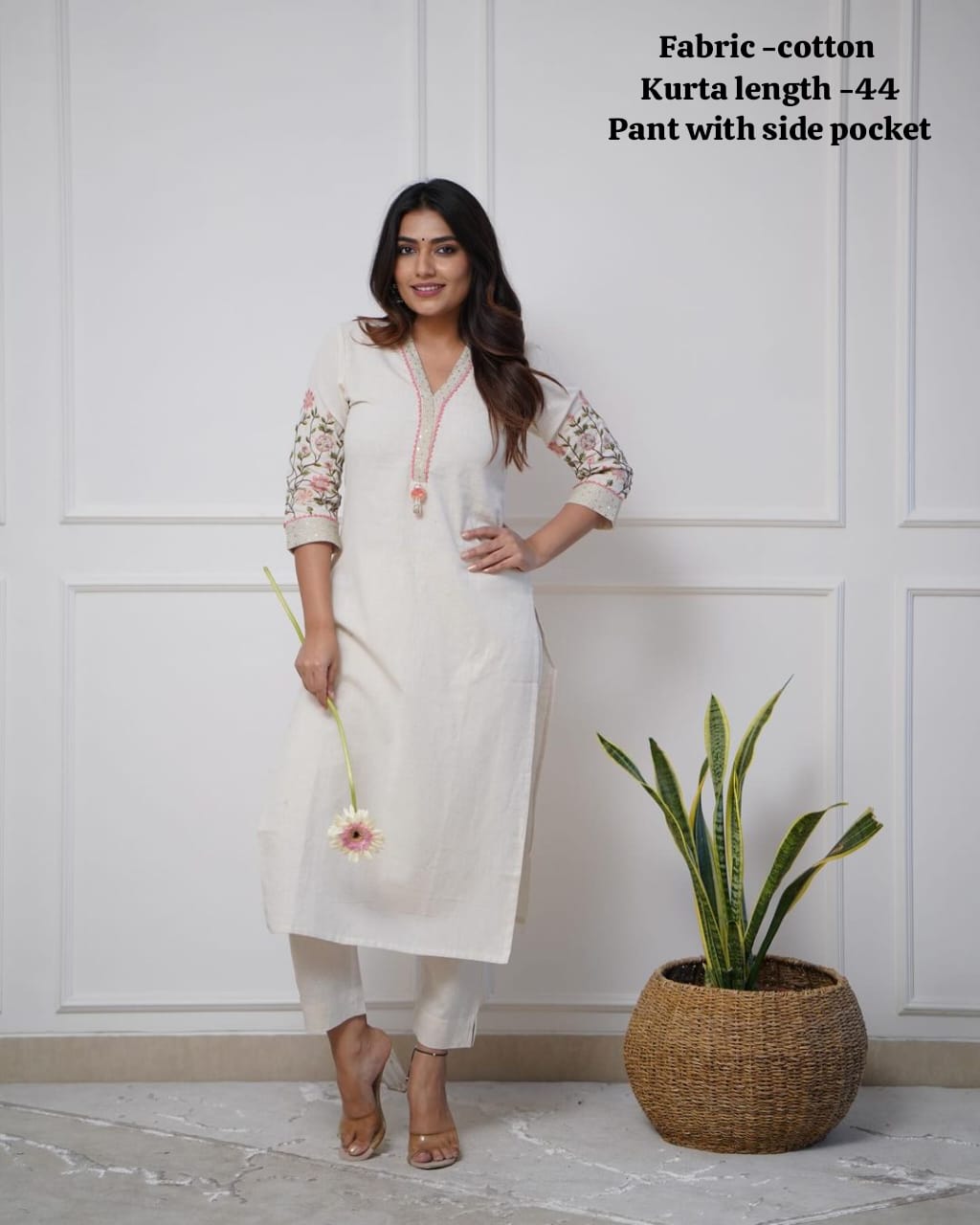 White Pure Cotton V-Neck Embroidered Straight Kurta Set