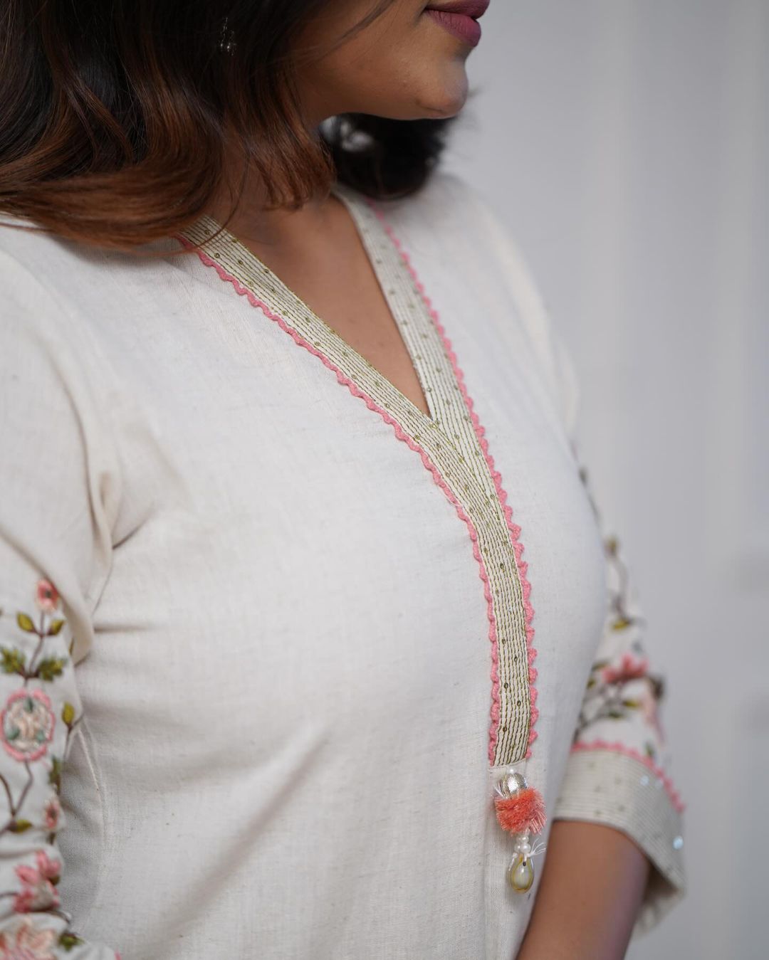 White Pure Cotton V-Neck Embroidered Straight Kurta Set