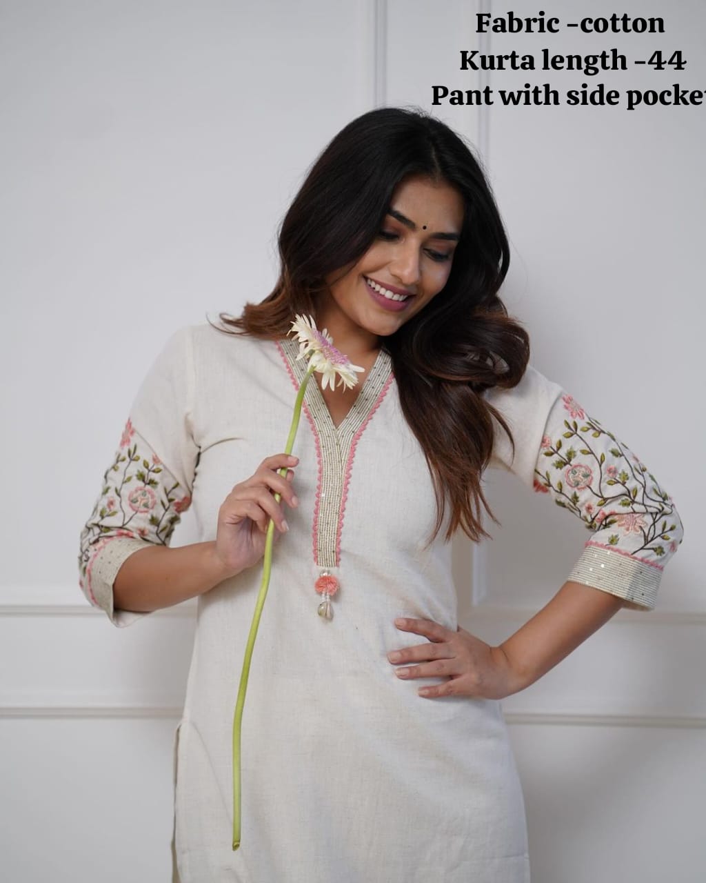 White Pure Cotton V-Neck Embroidered Straight Kurta Set