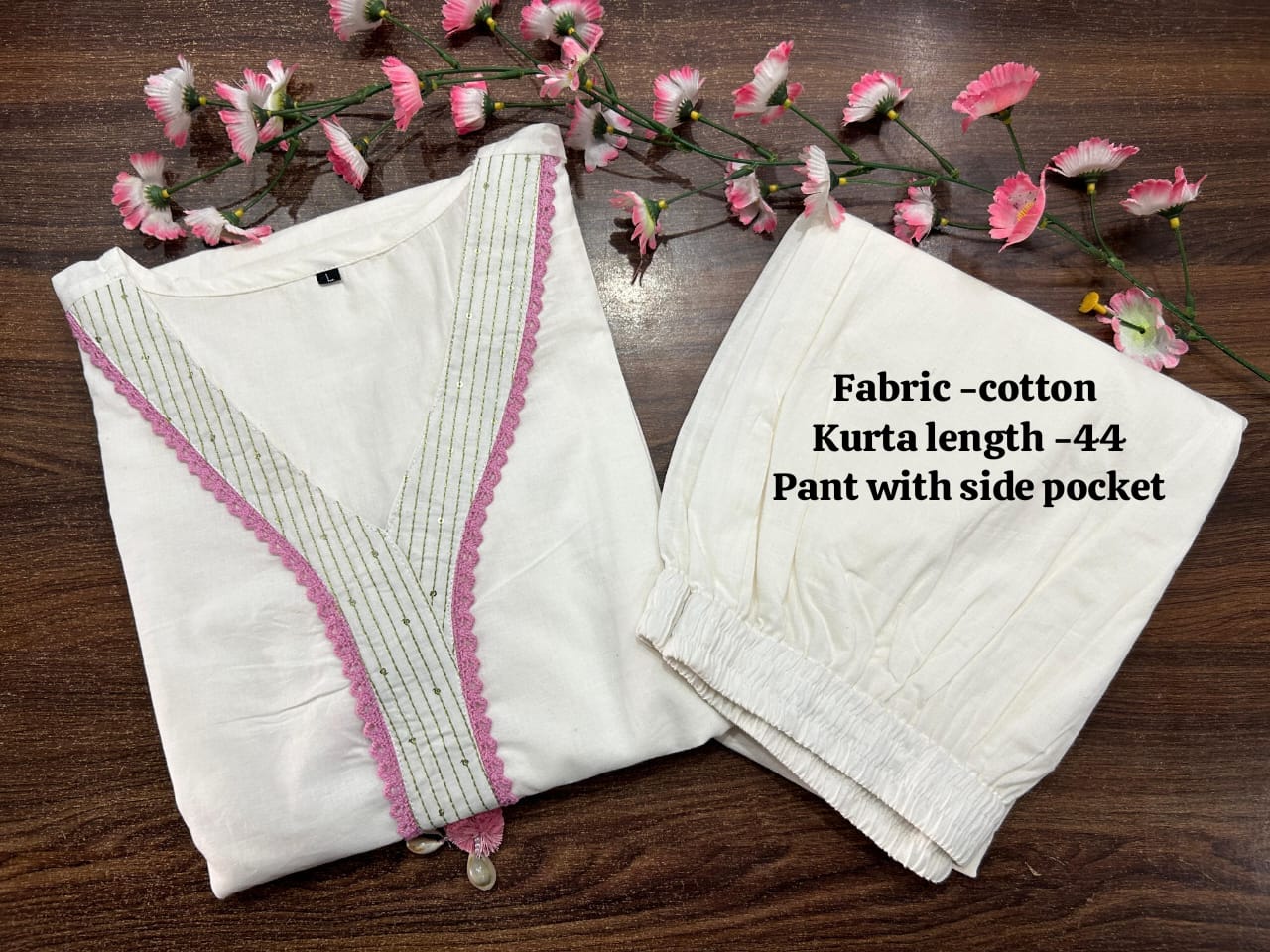 White Pure Cotton V-Neck Embroidered Straight Kurta Set