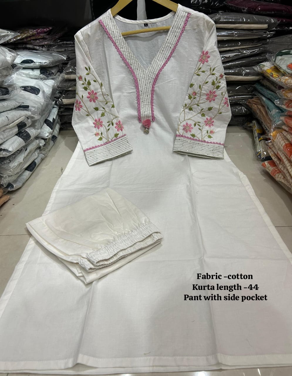 White Pure Cotton V-Neck Embroidered Straight Kurta Set