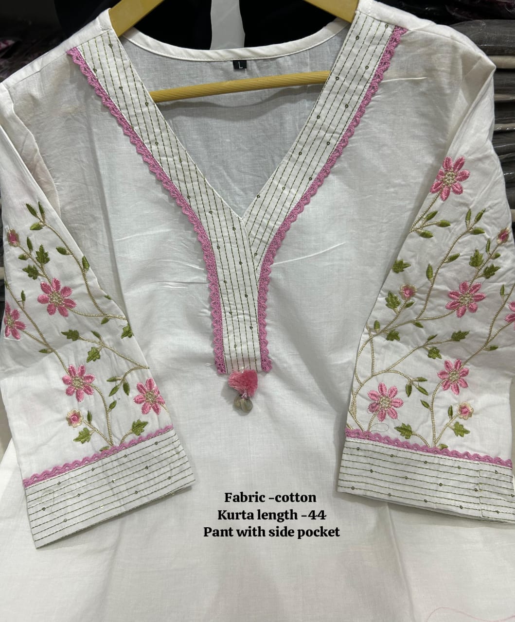 White Pure Cotton V-Neck Embroidered Straight Kurta Set