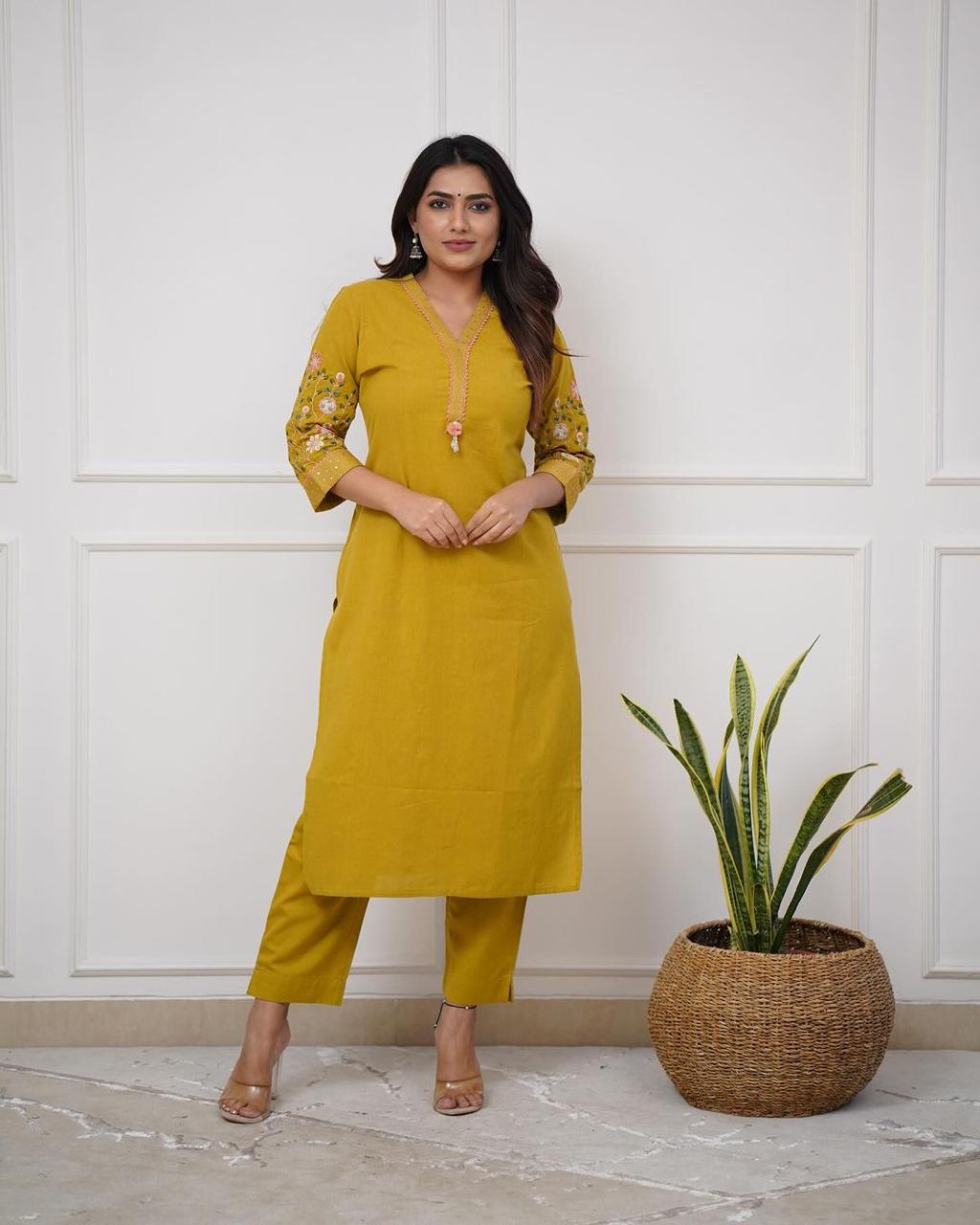 Yellow Pure Cotton V-Neck Embroidered Straight Kurta Set