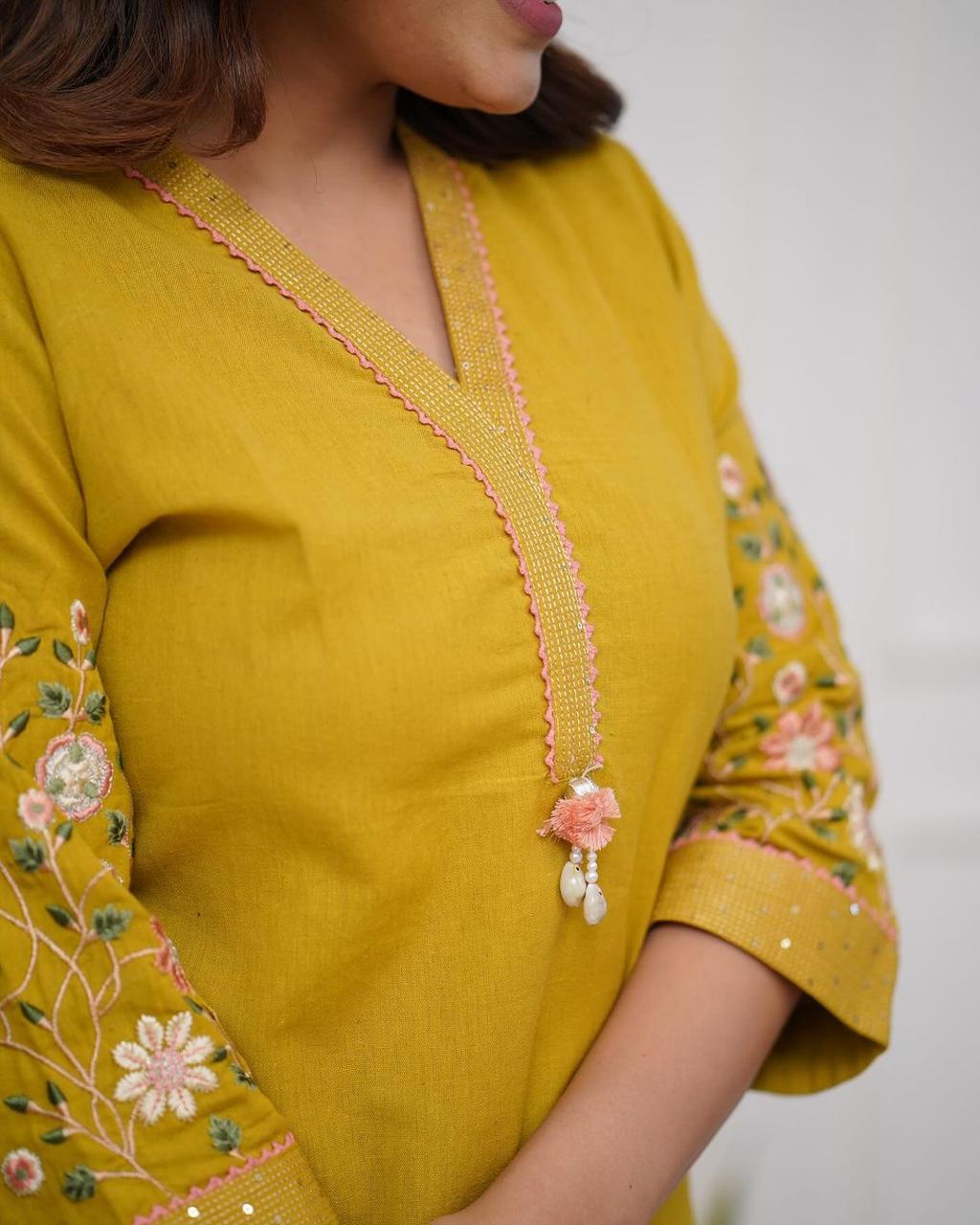 Yellow Pure Cotton V-Neck Embroidered Straight Kurta Set