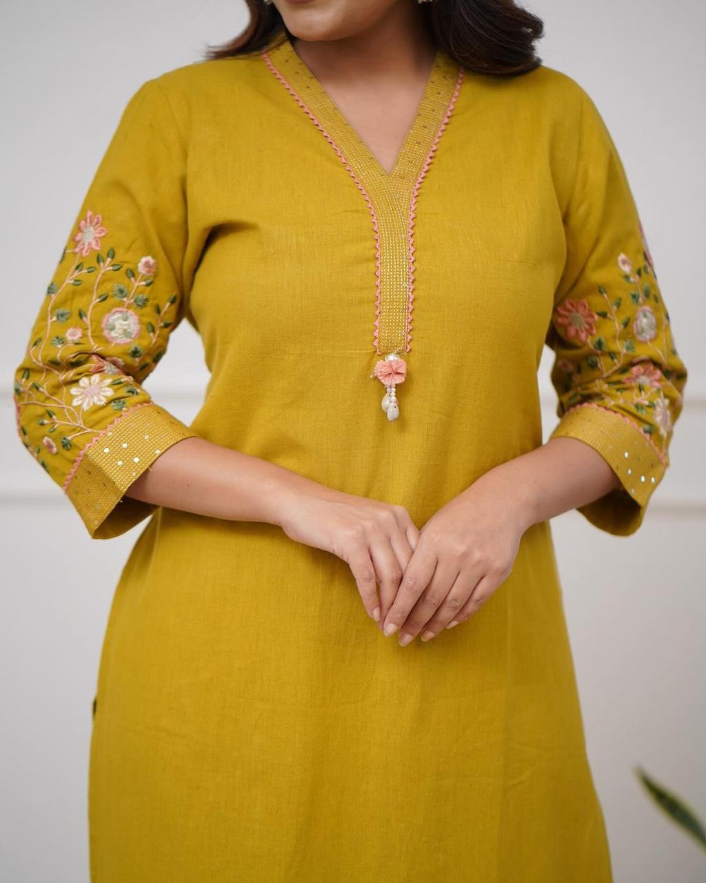 Yellow Pure Cotton V-Neck Embroidered Straight Kurta Set