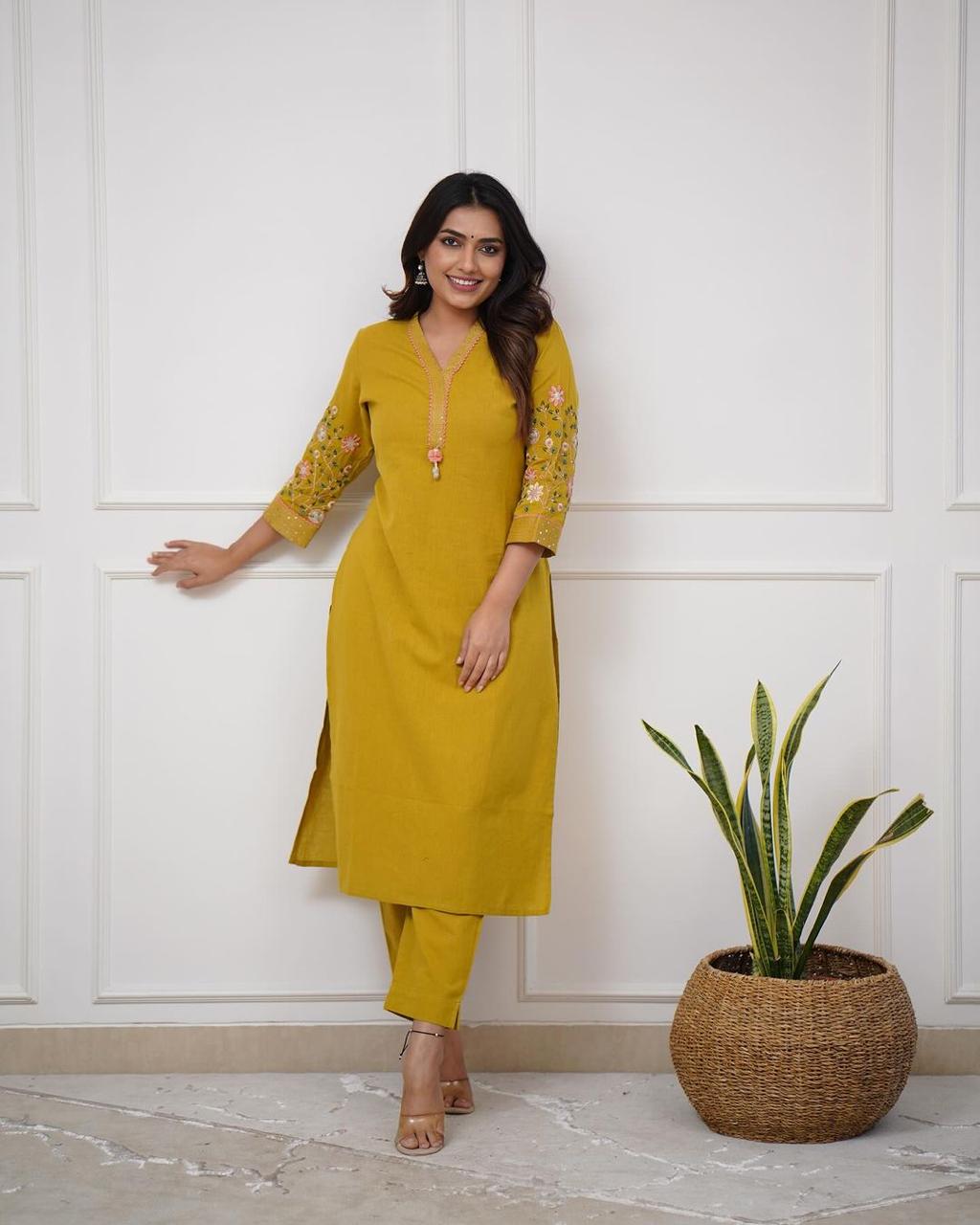 Yellow Pure Cotton V-Neck Embroidered Straight Kurta Set