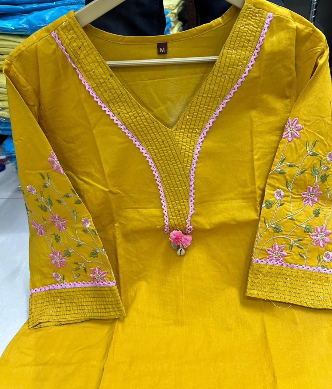 Yellow Pure Cotton V-Neck Embroidered Straight Kurta Set