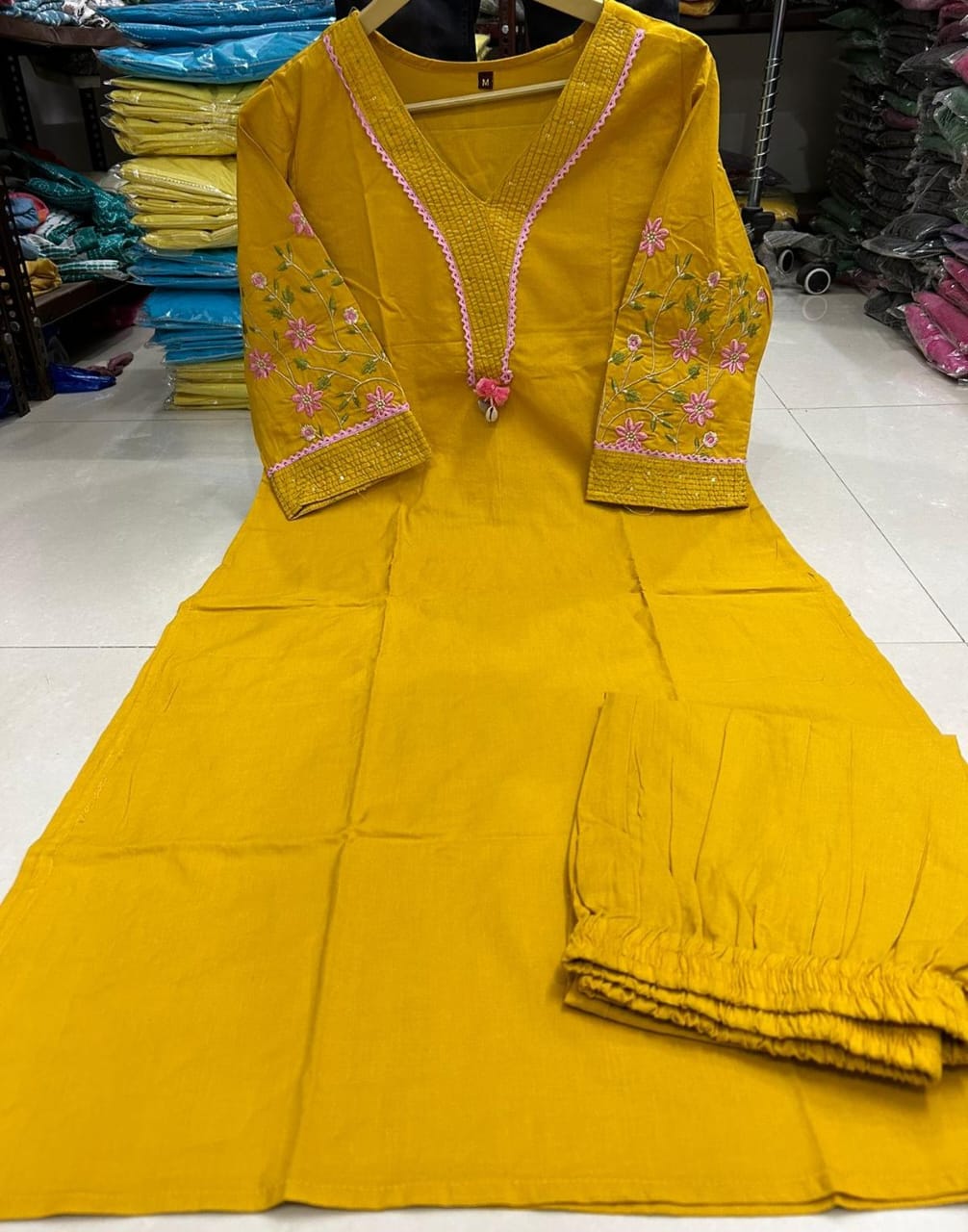 Yellow Pure Cotton V-Neck Embroidered Straight Kurta Set