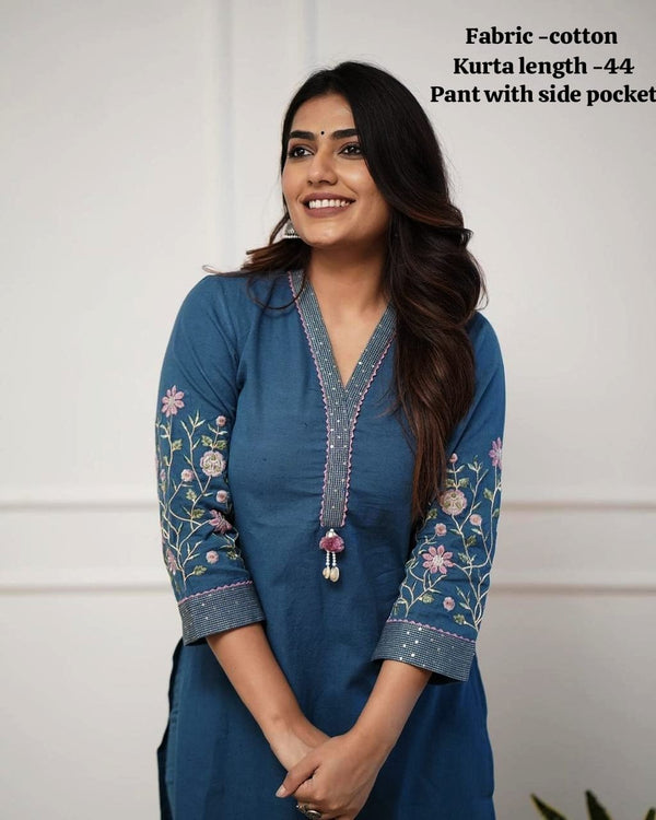 Blue Pure Cotton V-Neck Embroidered Straight Kurta Set