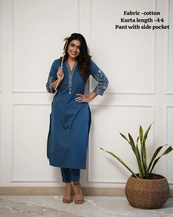 Blue Pure Cotton V-Neck Embroidered Straight Kurta Set