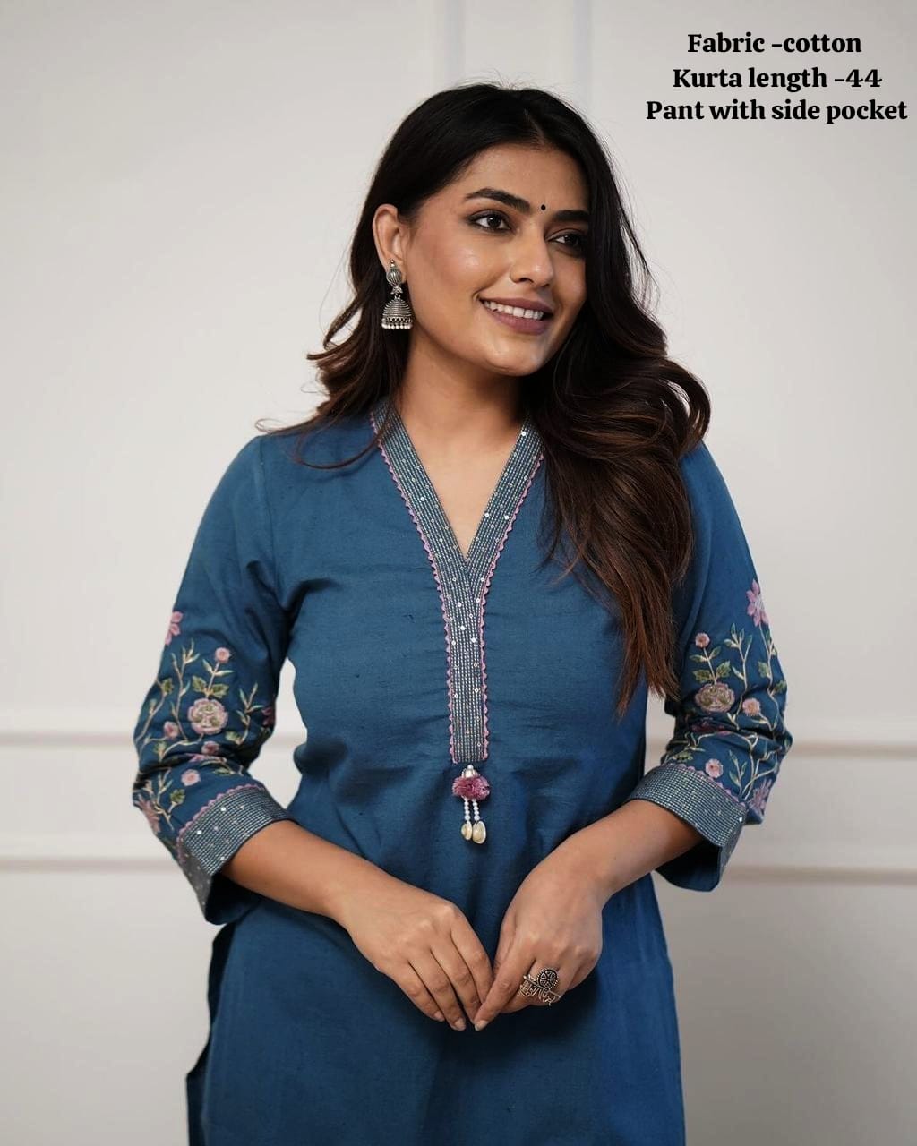 Blue Pure Cotton V-Neck Embroidered Straight Kurta Set