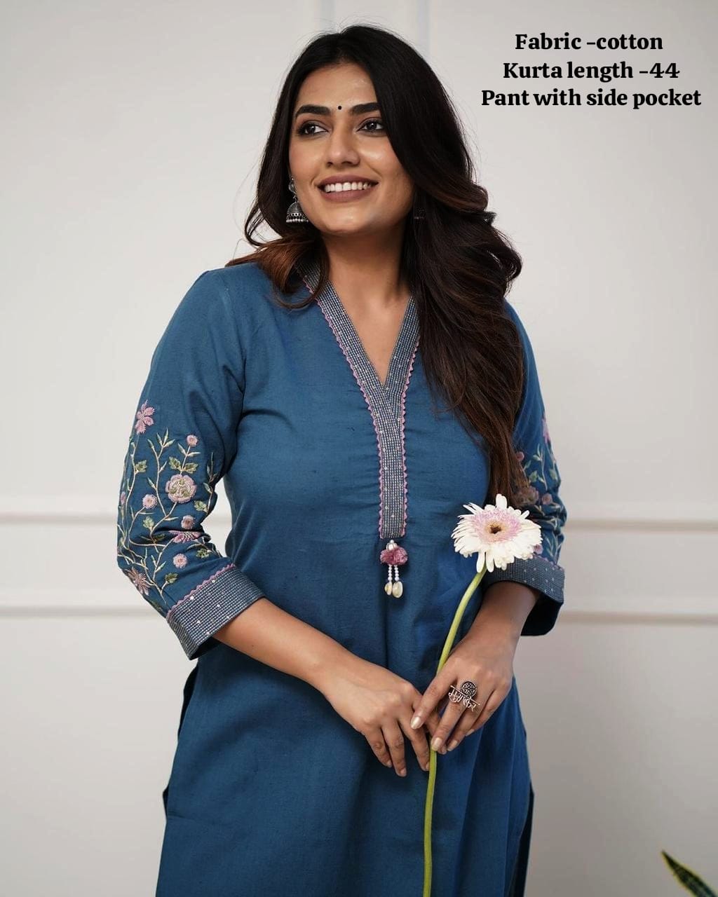 Blue Pure Cotton V-Neck Embroidered Straight Kurta Set