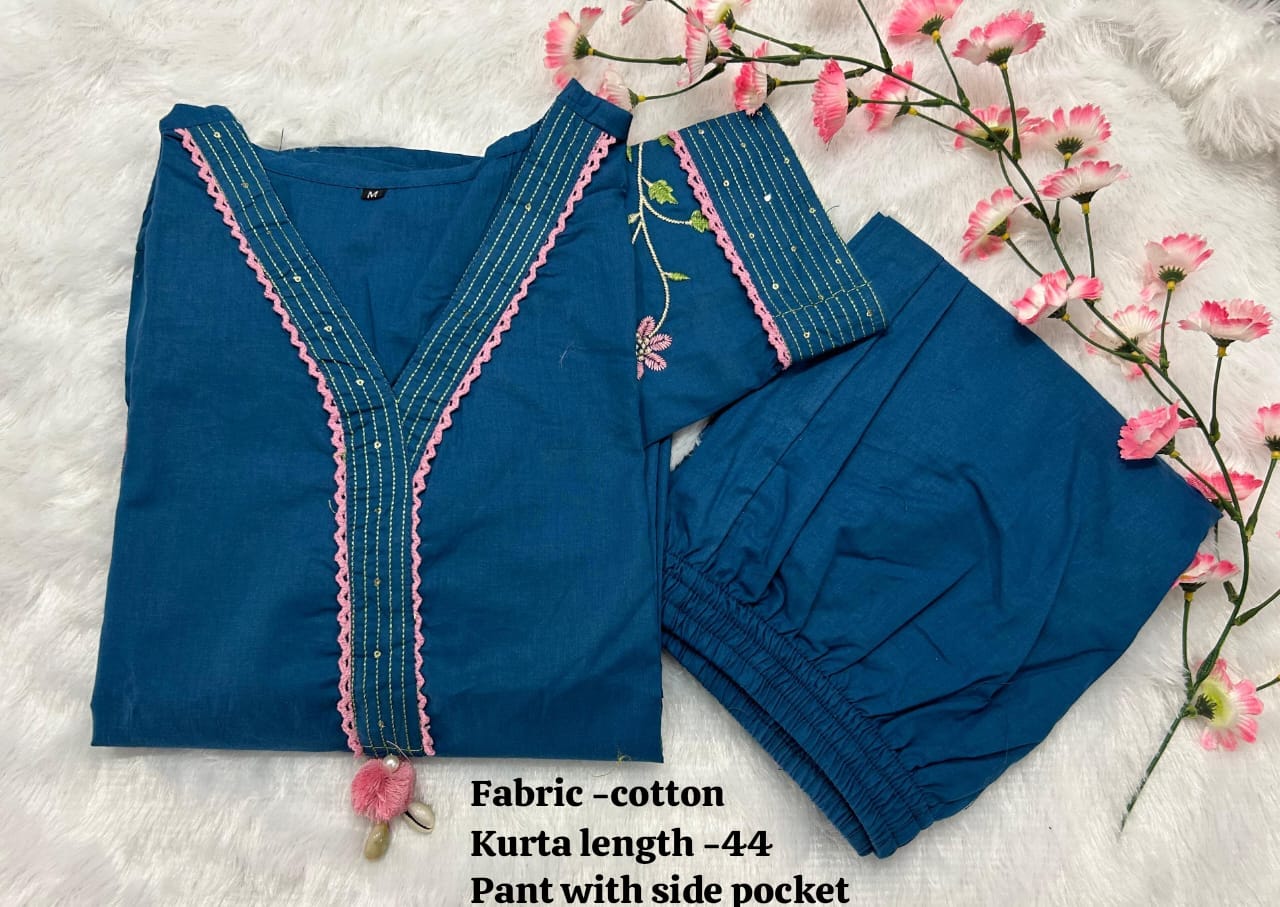 Blue Pure Cotton V-Neck Embroidered Straight Kurta Set