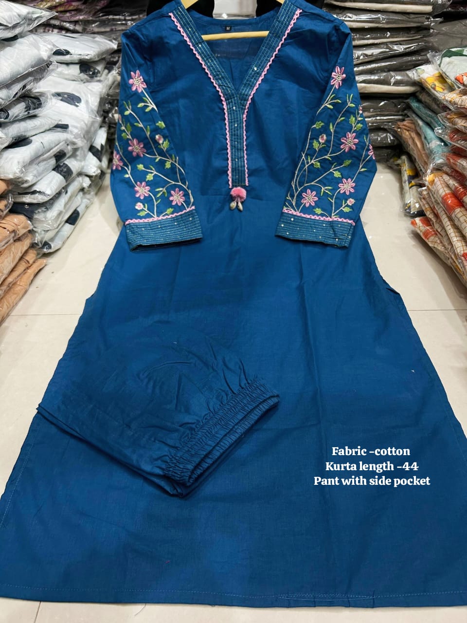 Blue Pure Cotton V-Neck Embroidered Straight Kurta Set