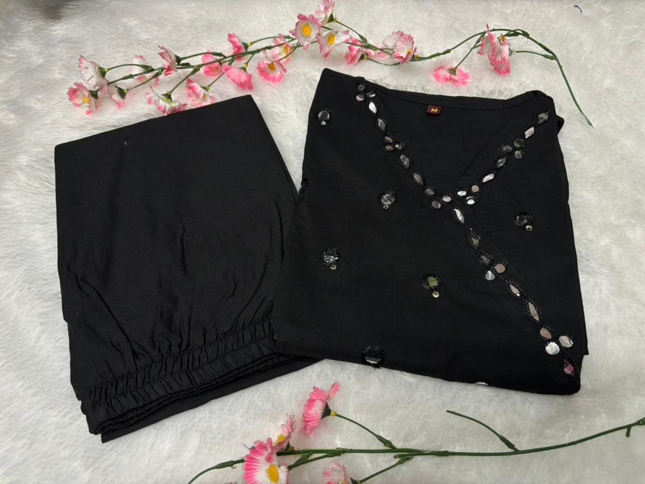 Black Cotton Flared Kurti Set with Mirror Work Bodice