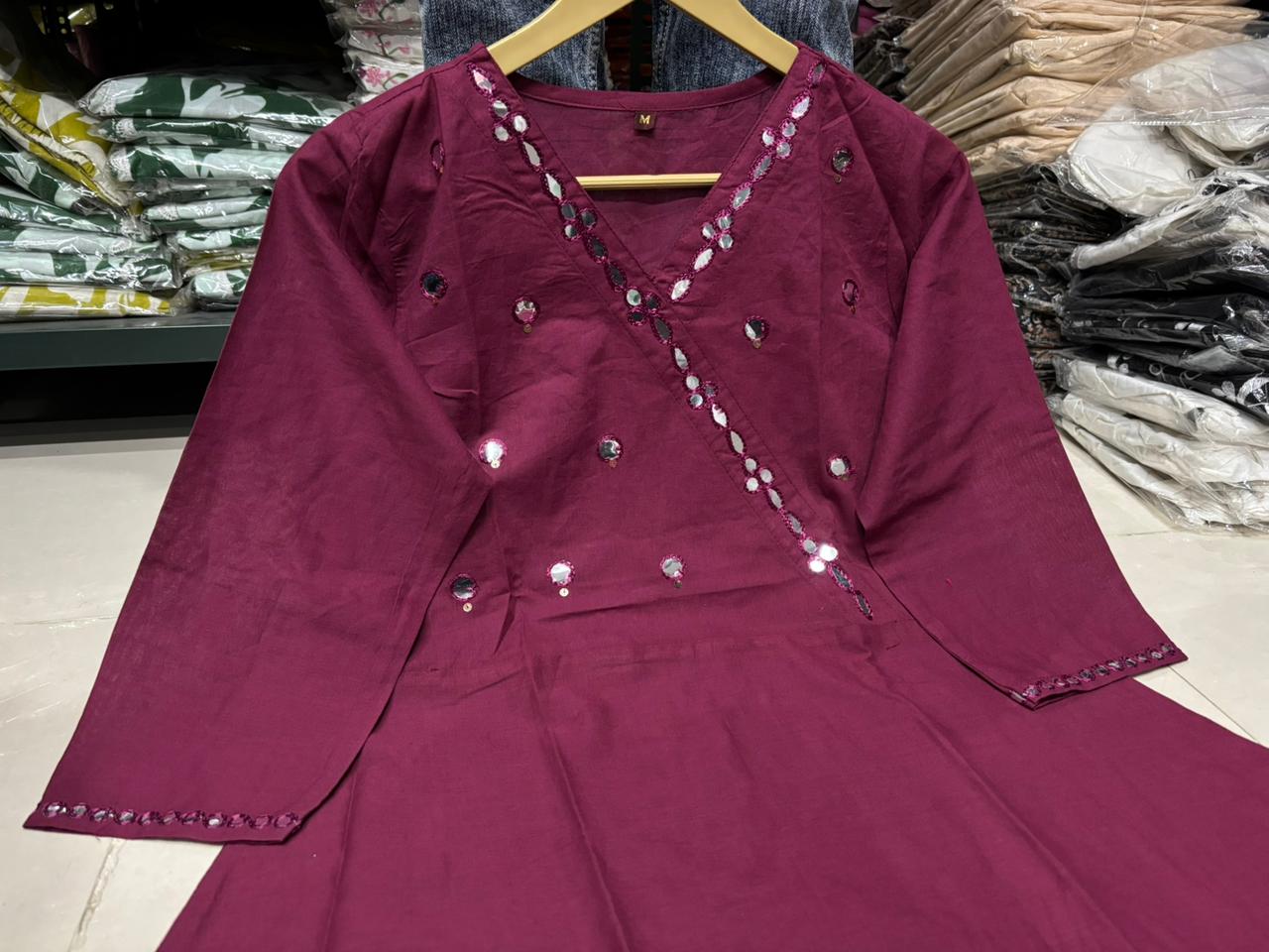 Purple Cotton Flared Kurti Set with Mirror Work Bodice