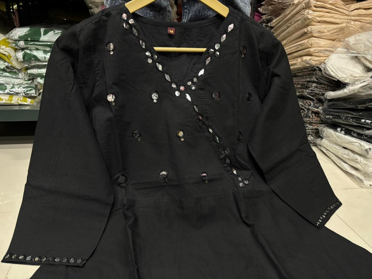 Black Cotton Flared Kurti Set with Mirror Work Bodice