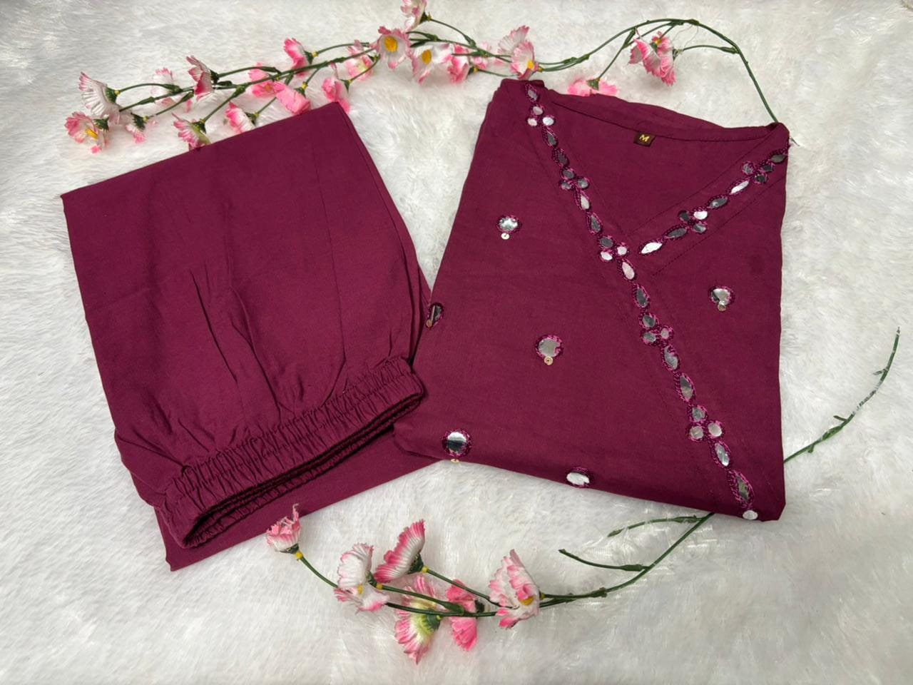 Purple Cotton Flared Kurti Set with Mirror Work Bodice