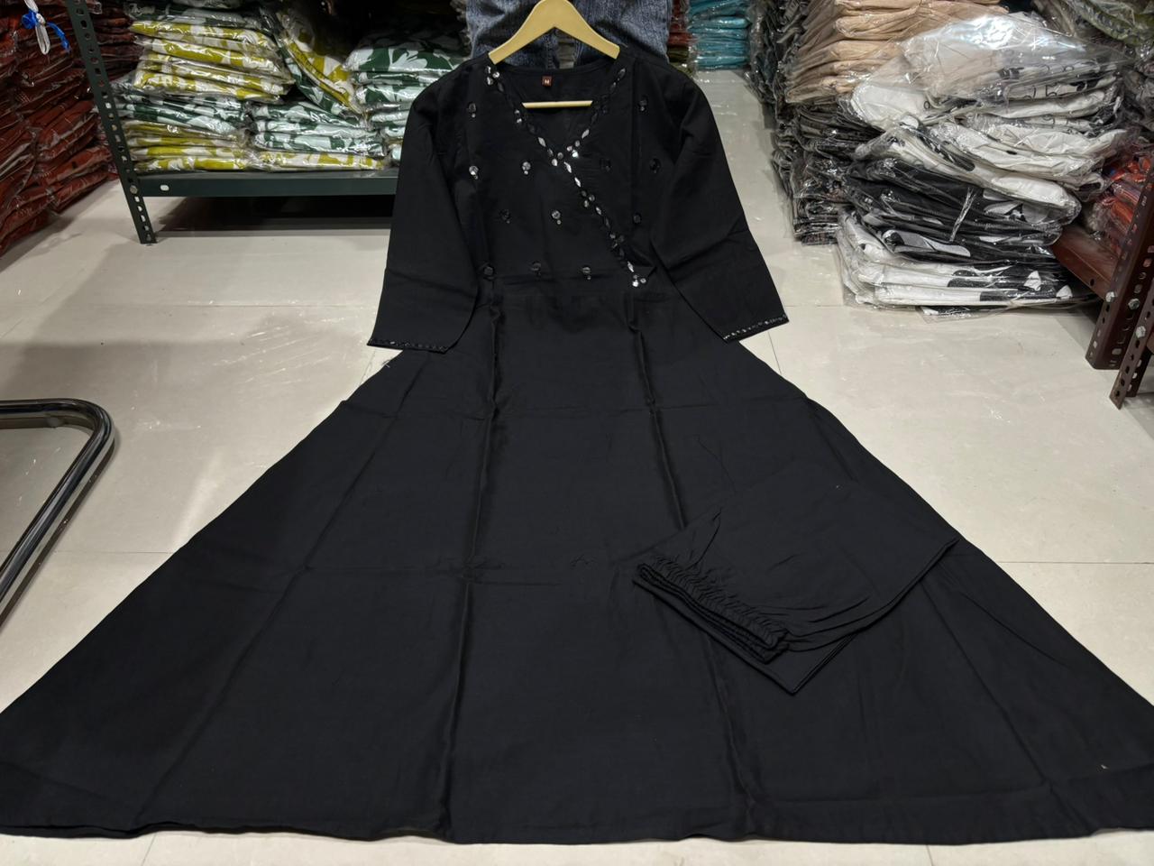 Black Cotton Flared Kurti Set with Mirror Work Bodice