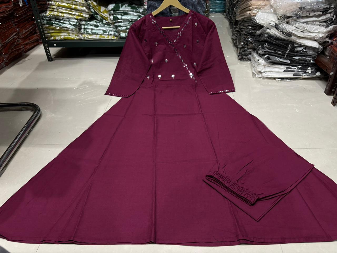 Purple Cotton Flared Kurti Set with Mirror Work Bodice