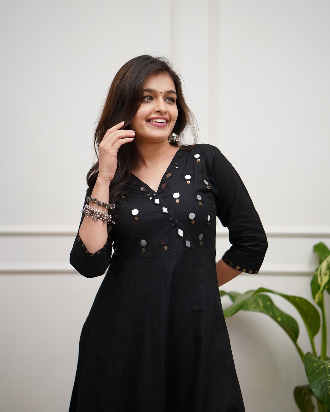 Black Cotton Flared Kurti Set with Mirror Work Bodice