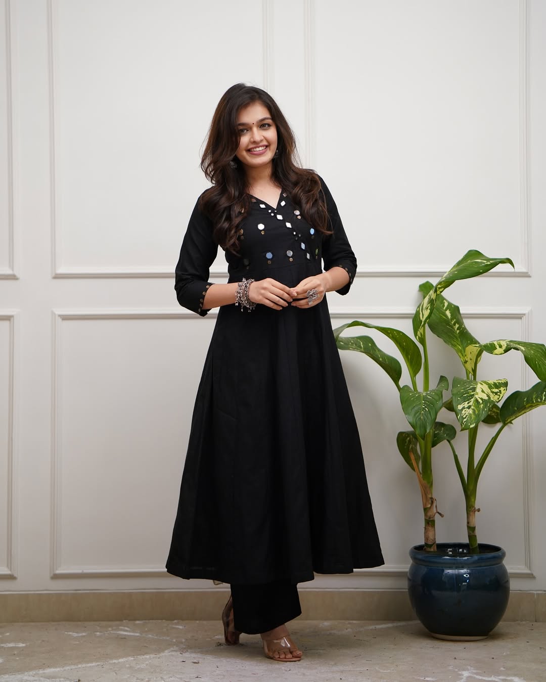 Black Cotton Flared Kurti Set with Mirror Work Bodice
