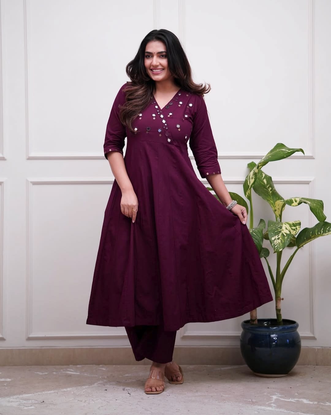Purple Cotton Flared Kurti Set with Mirror Work Bodice