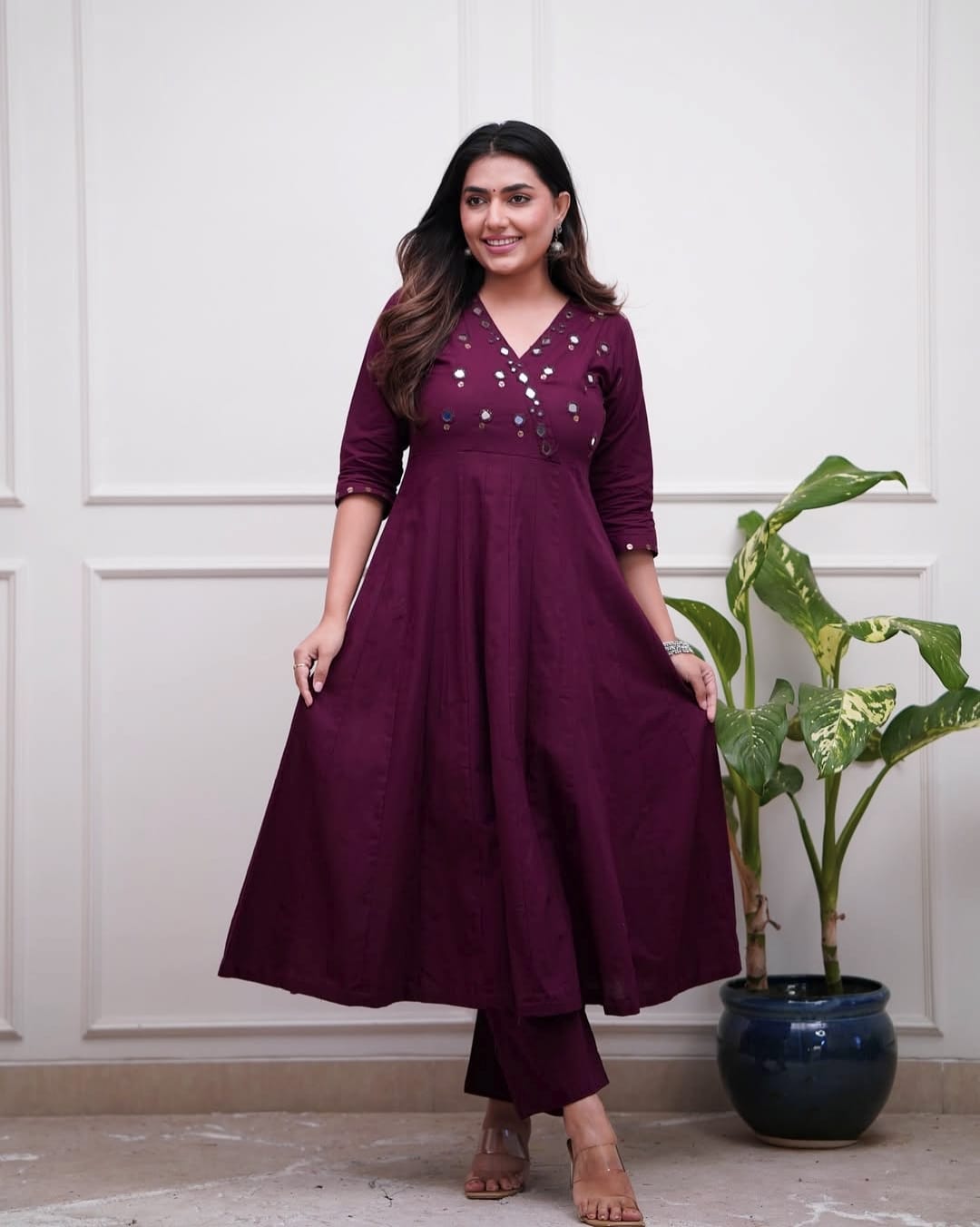 Purple Cotton Flared Kurti Set with Mirror Work Bodice