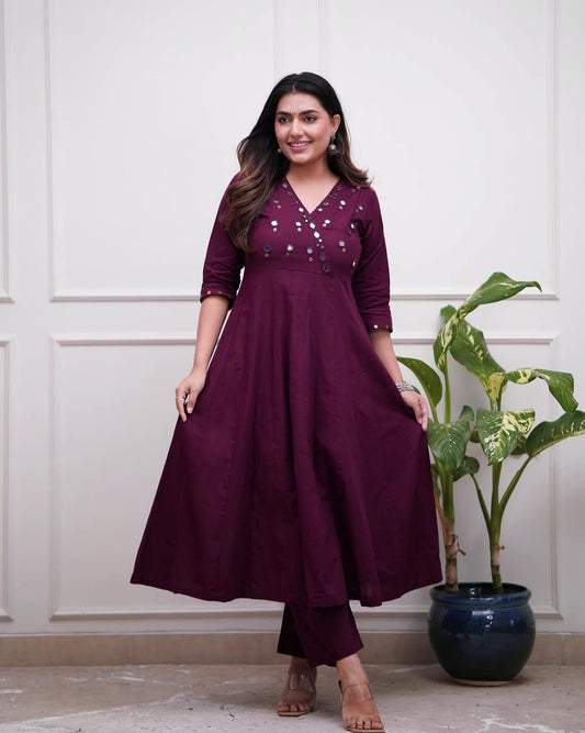 Purple Cotton Flared Kurti Set with Mirror Work Bodice
