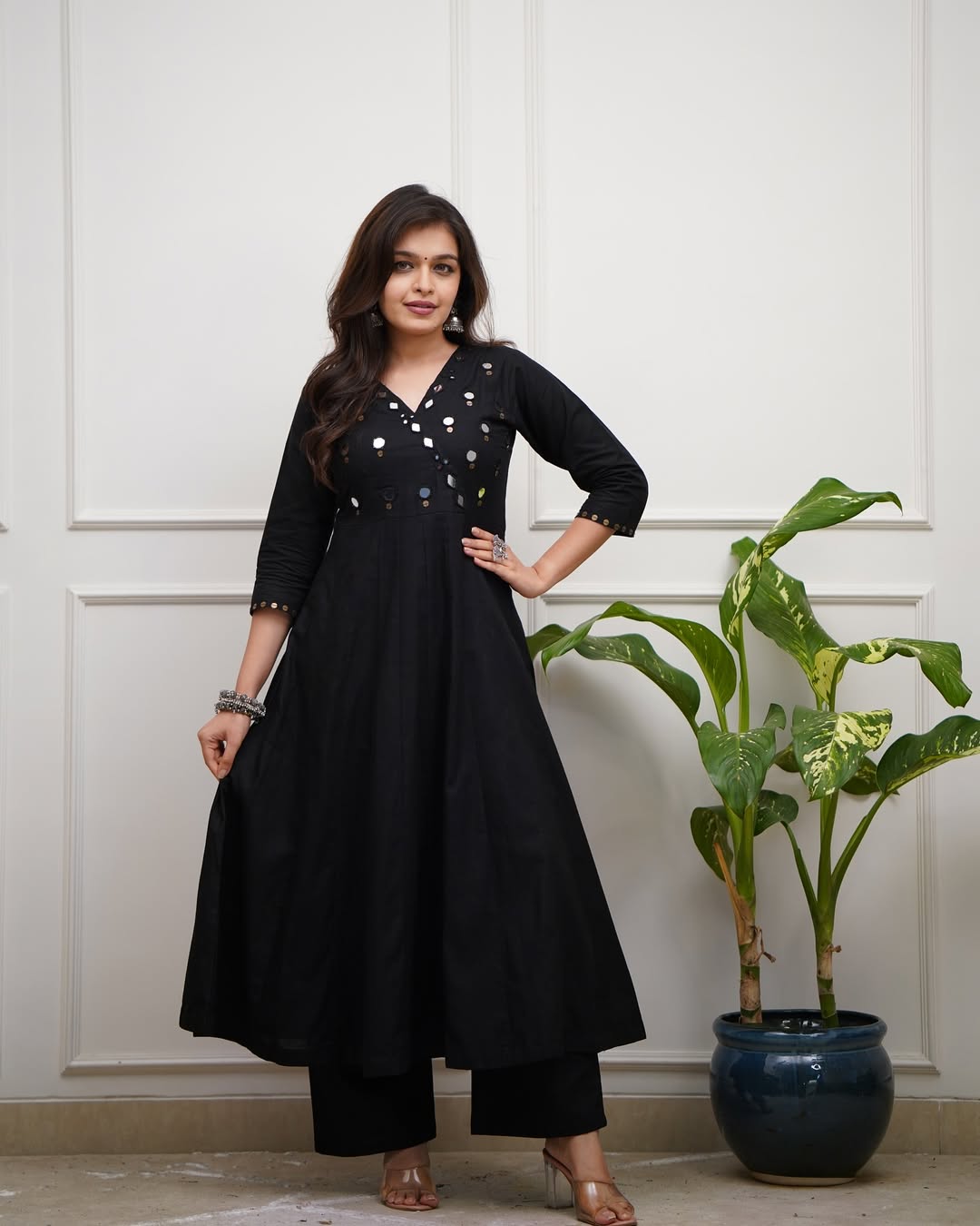 Black Cotton Flared Kurti Set with Mirror Work Bodice