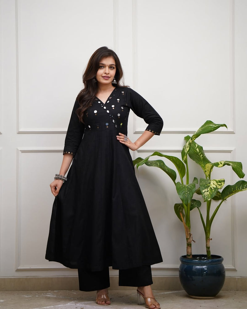 Black Cotton Flared Kurti Set with Mirror Work Bodice