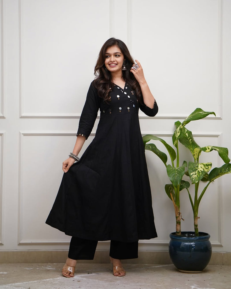 Black Cotton Flared Kurti Set with Mirror Work Bodice