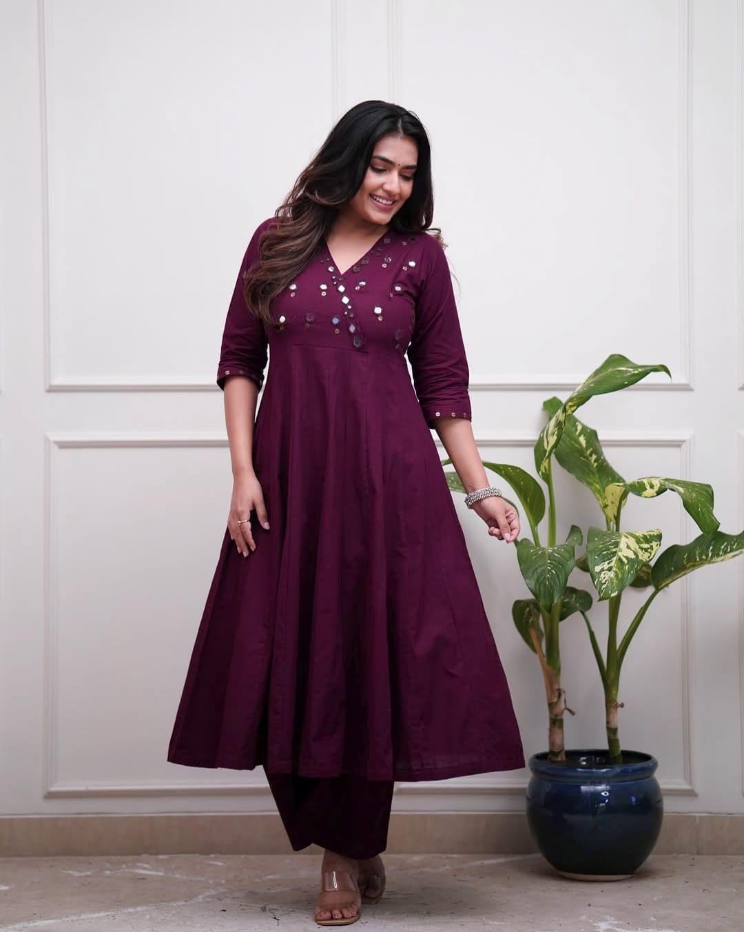 Purple Cotton Flared Kurti Set with Mirror Work Bodice