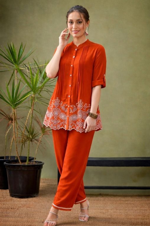 Rust Floral Embroidered Scalloped Hem Cotton Workwear Suit