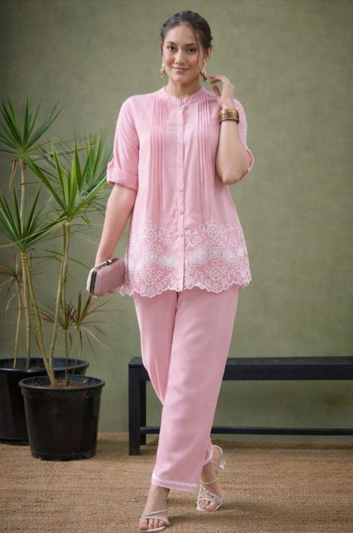 Baby Pink Floral Embroidered Scalloped Hem Cotton Workwear Suit