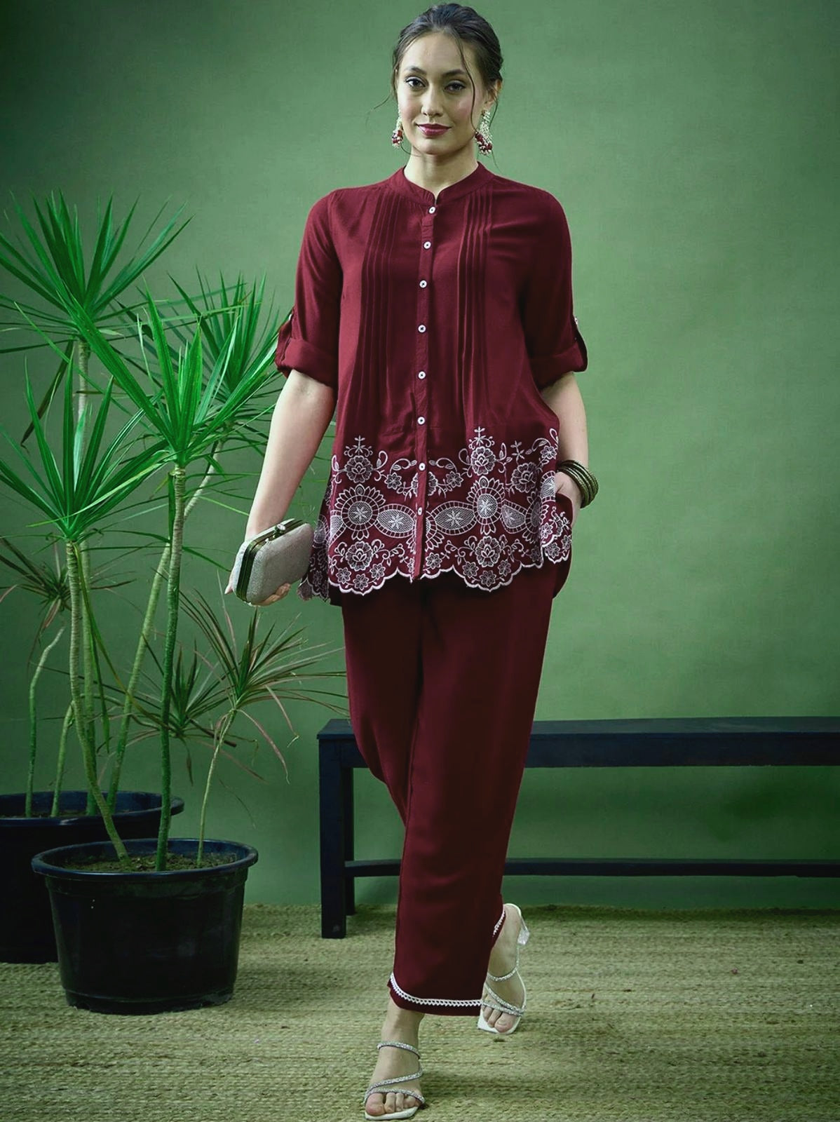 Burgandy Floral Embroidered Scalloped Hem Cotton Workwear Suit