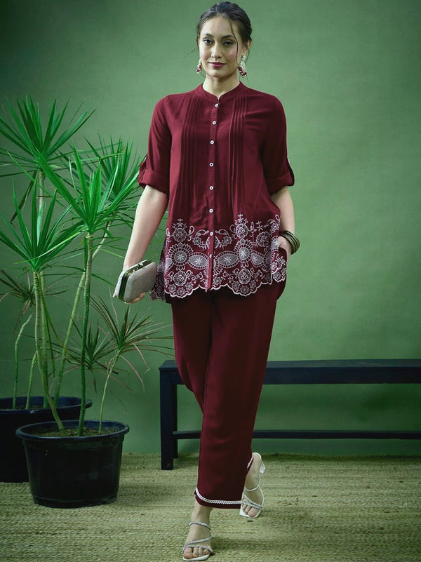 Burgandy Floral Embroidered Scalloped Hem Cotton Workwear Suit