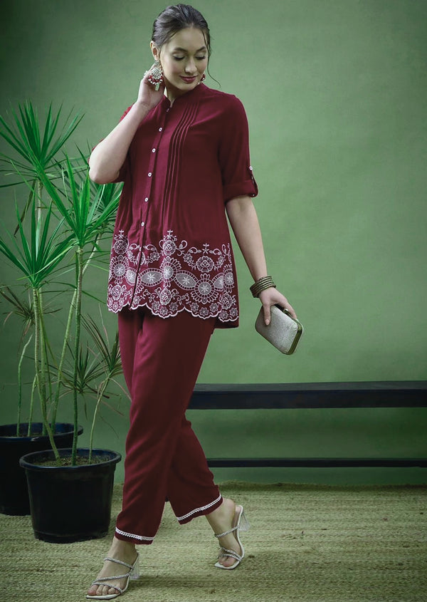 Burgandy Floral Embroidered Scalloped Hem Cotton Workwear Suit
