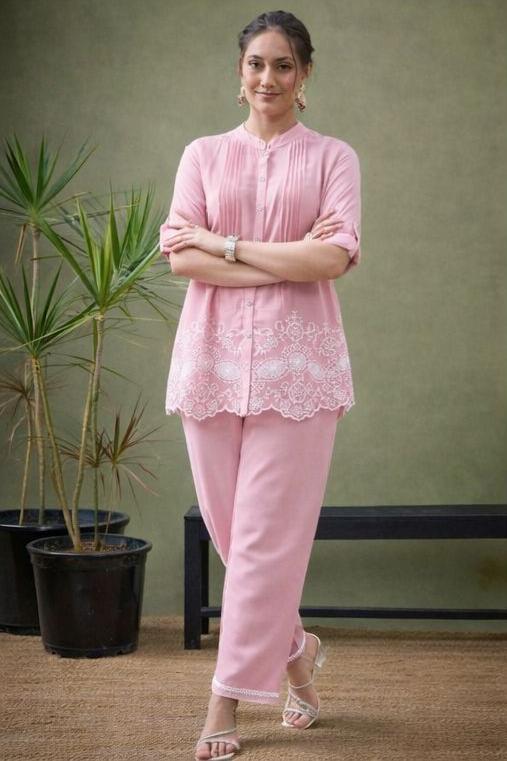 Baby Pink Floral Embroidered Scalloped Hem Cotton Workwear Suit
