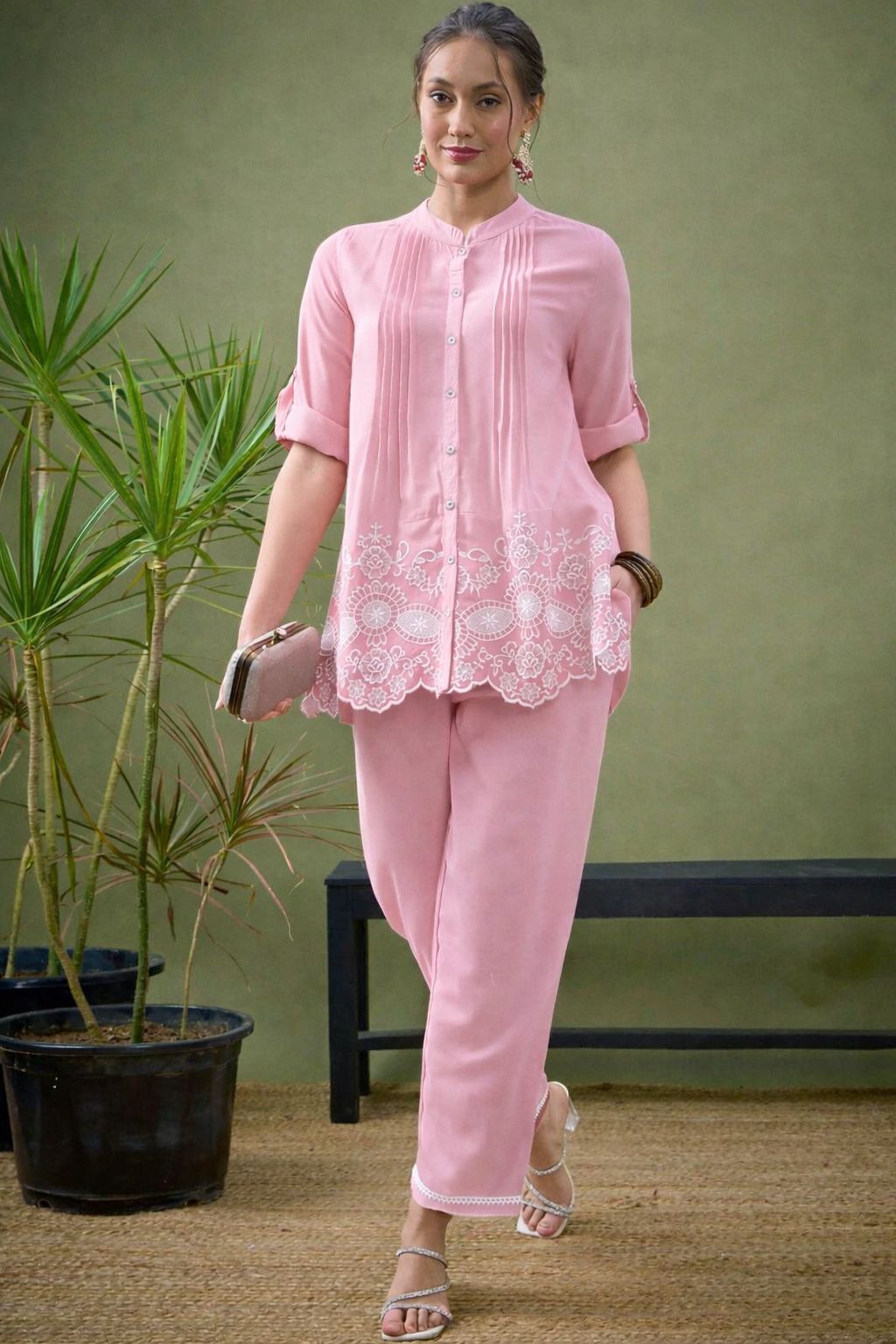 Baby Pink Floral Embroidered Scalloped Hem Cotton Workwear Suit