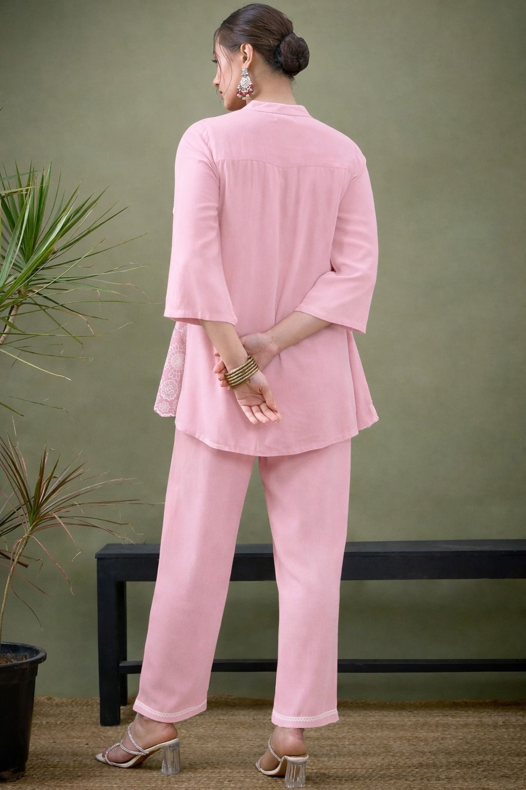 Baby Pink Floral Embroidered Scalloped Hem Cotton Workwear Suit