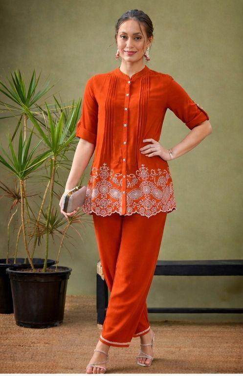 Rust Floral Embroidered Scalloped Hem Cotton Workwear Suit