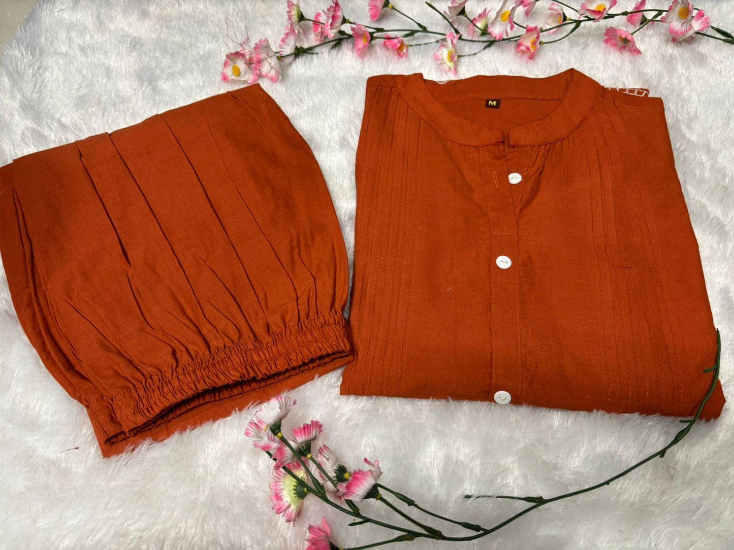 Rust Floral Embroidered Scalloped Hem Cotton Workwear Suit