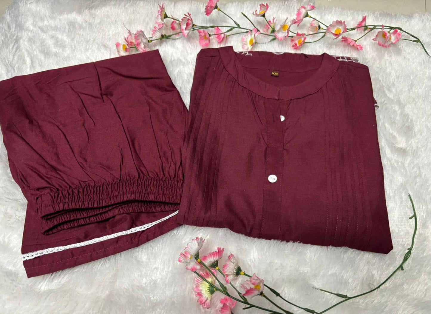 Burgandy Floral Embroidered Scalloped Hem Cotton Workwear Suit