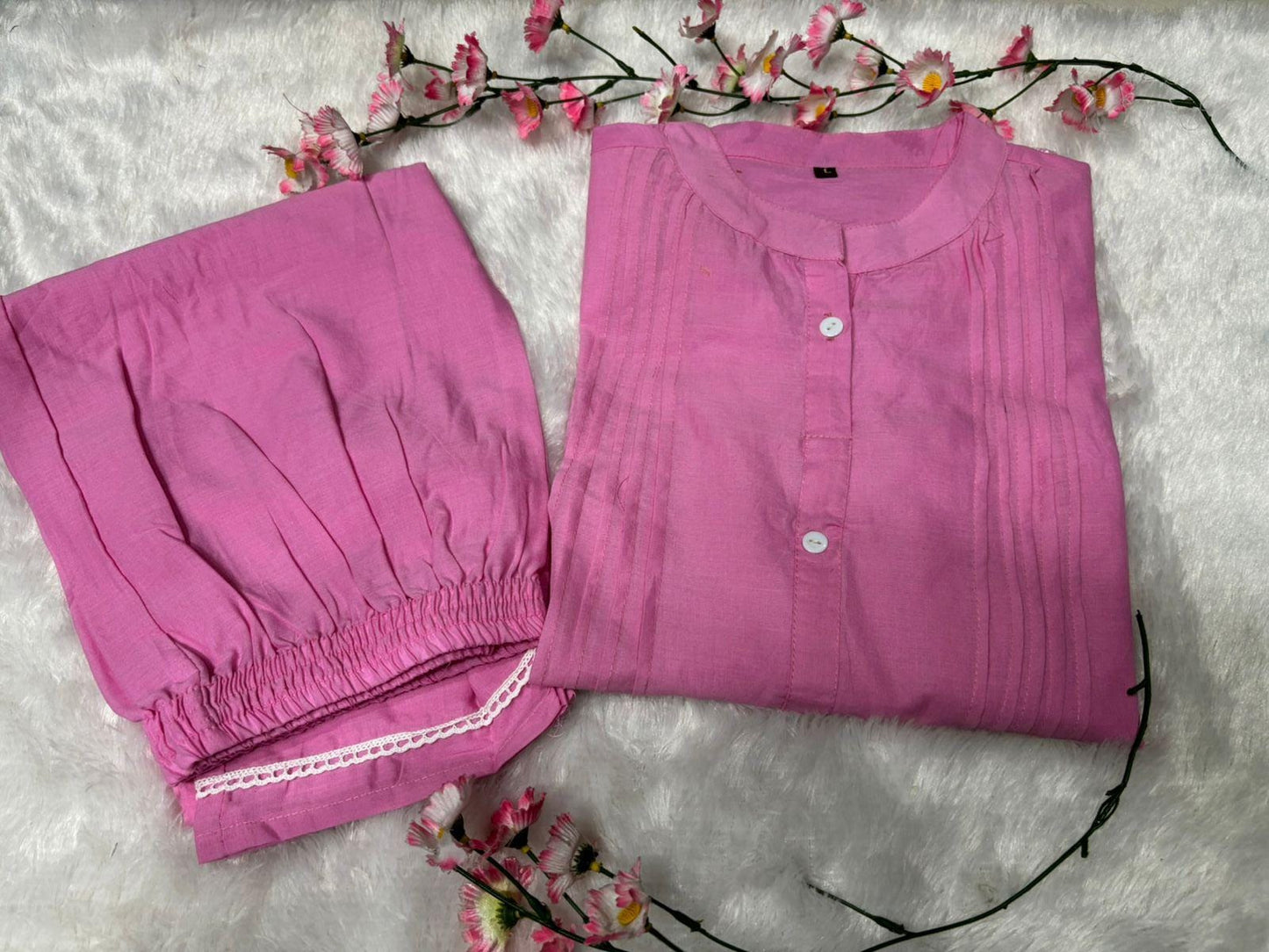 Baby Pink Floral Embroidered Scalloped Hem Cotton Workwear Suit