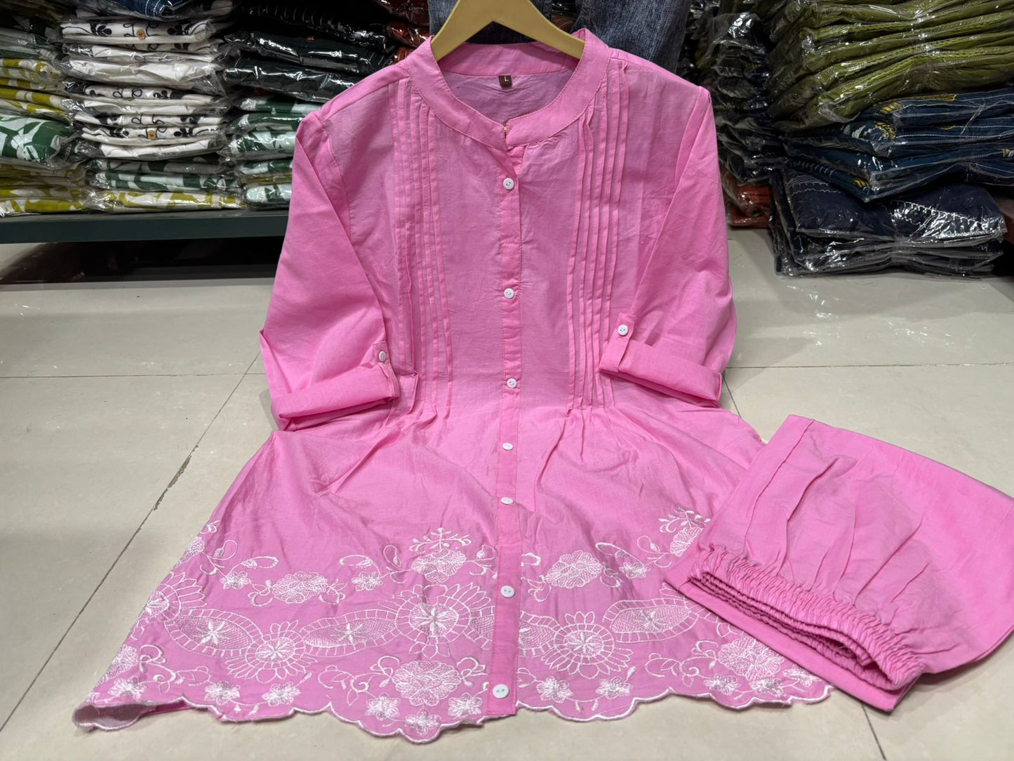 Baby Pink Floral Embroidered Scalloped Hem Cotton Workwear Suit
