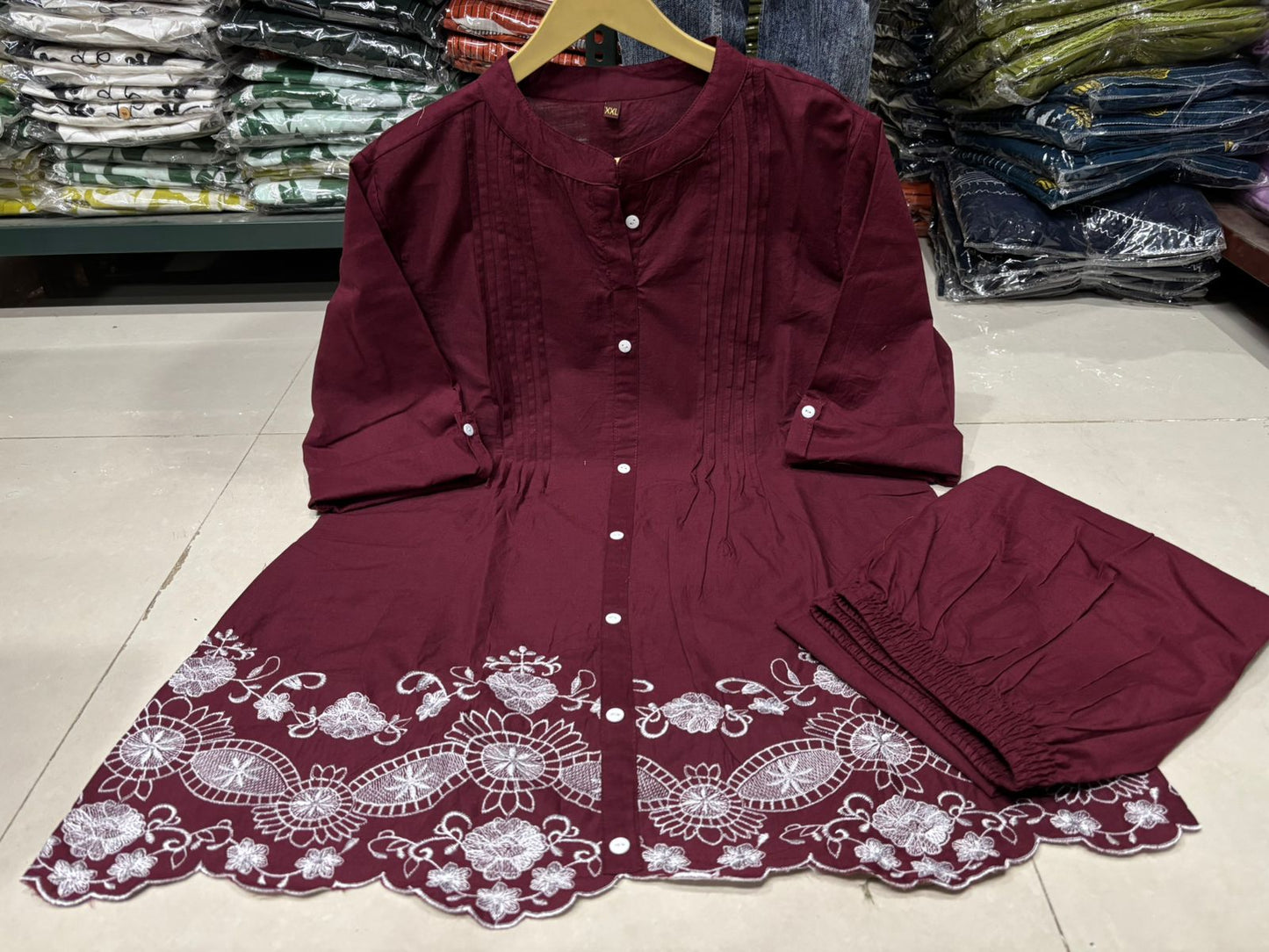 Burgandy Floral Embroidered Scalloped Hem Cotton Workwear Suit