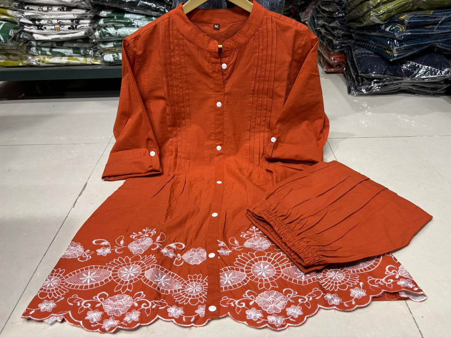 Rust Floral Embroidered Scalloped Hem Cotton Workwear Suit