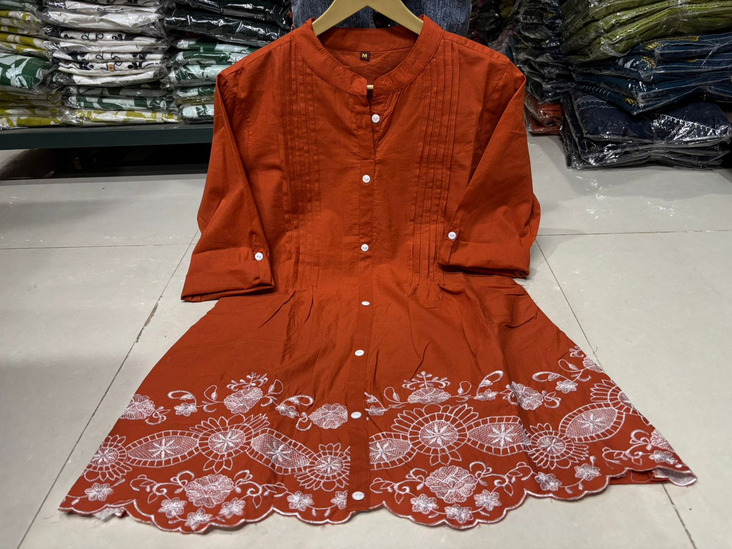 Rust Floral Embroidered Scalloped Hem Cotton Workwear Suit